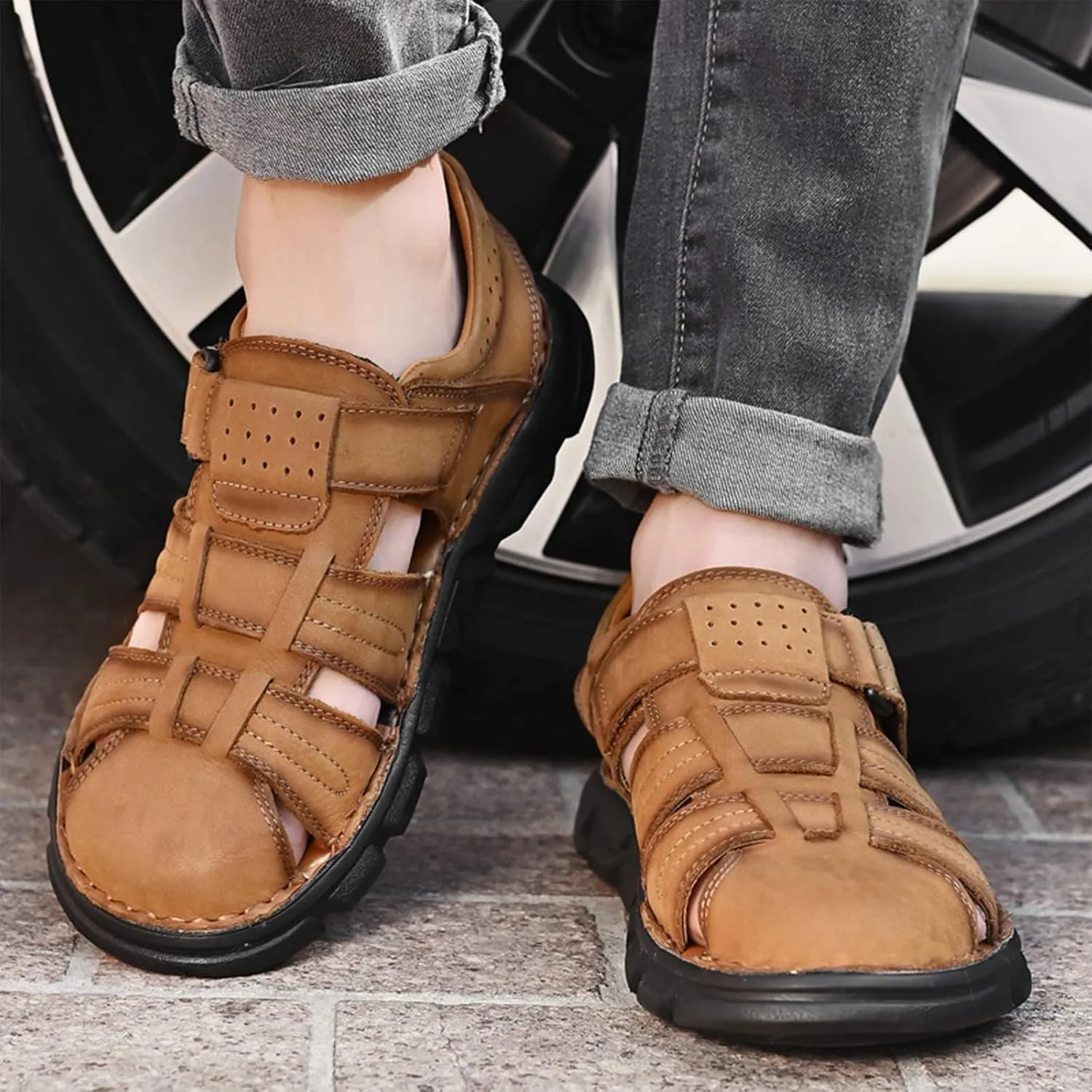 Mens Hiking Sandals, Outdoor Sports Summer Beach Fisherman Water Shoes, Mens Closed Toe Walking Sandals Comfort Breathable Trekking Shoes