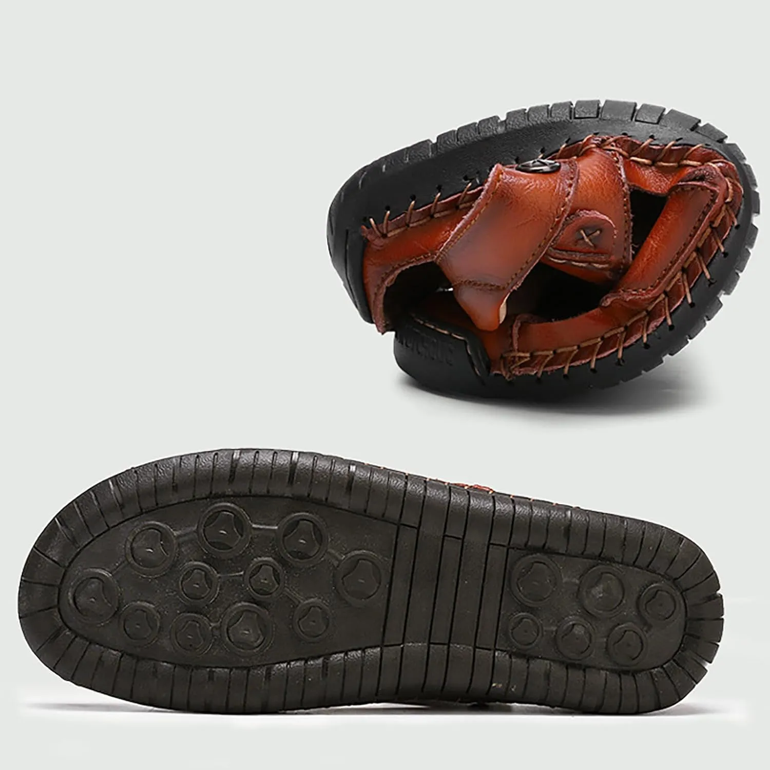 Men's Leather Sandals Adjustable Summer Fisherman Beach Shoes Comfortable Casual Closed Toe Walking Sandal