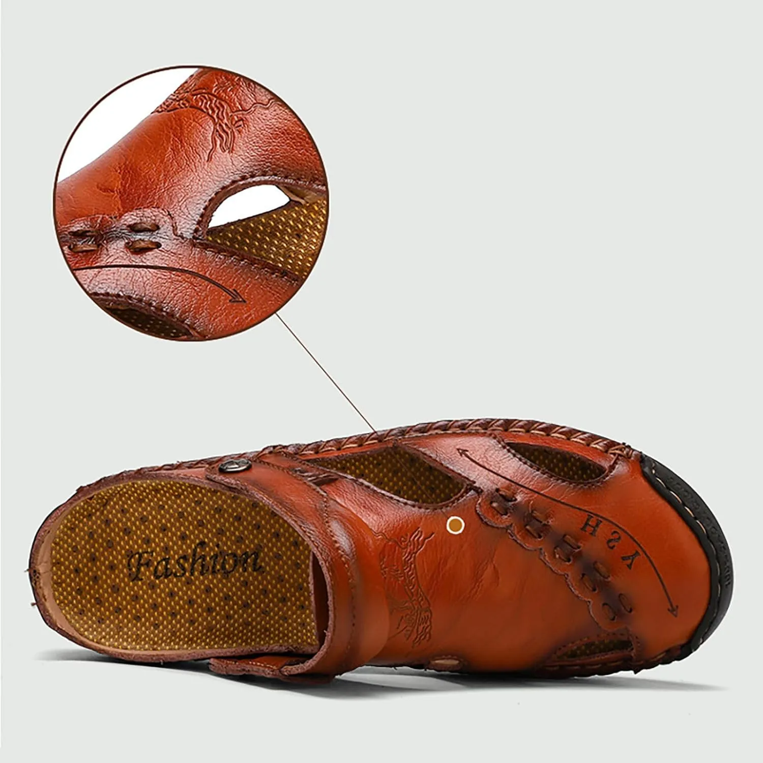 Men's Leather Sandals Adjustable Summer Fisherman Beach Shoes Comfortable Casual Closed Toe Walking Sandal