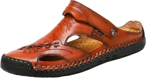 Men's Leather Sandals Adjustable Summer Fisherman Beach Shoes Comfortable Casual Closed Toe Walking Sandal