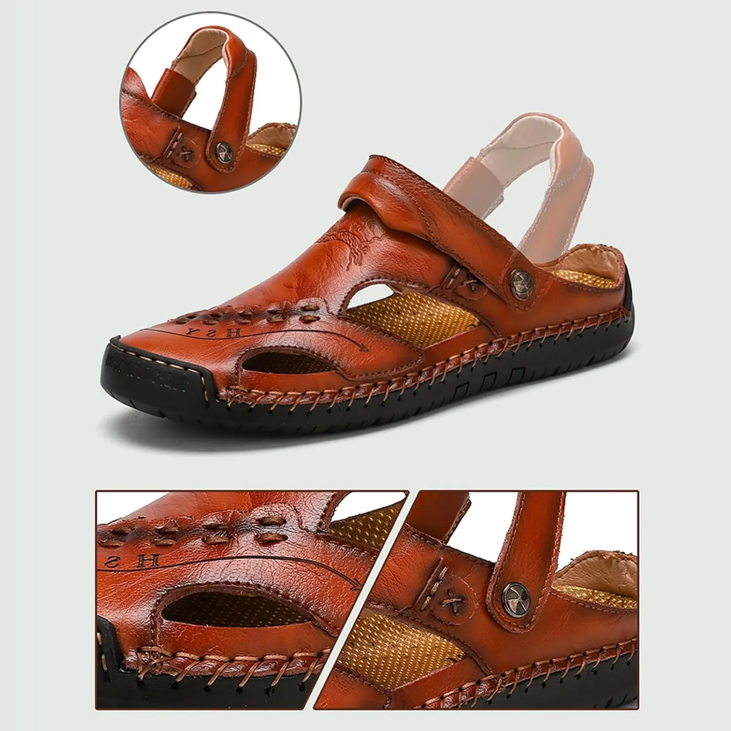 Men's Leather Sandals Adjustable Summer Fisherman Beach Shoes Comfortable Casual Closed Toe Walking Sandal