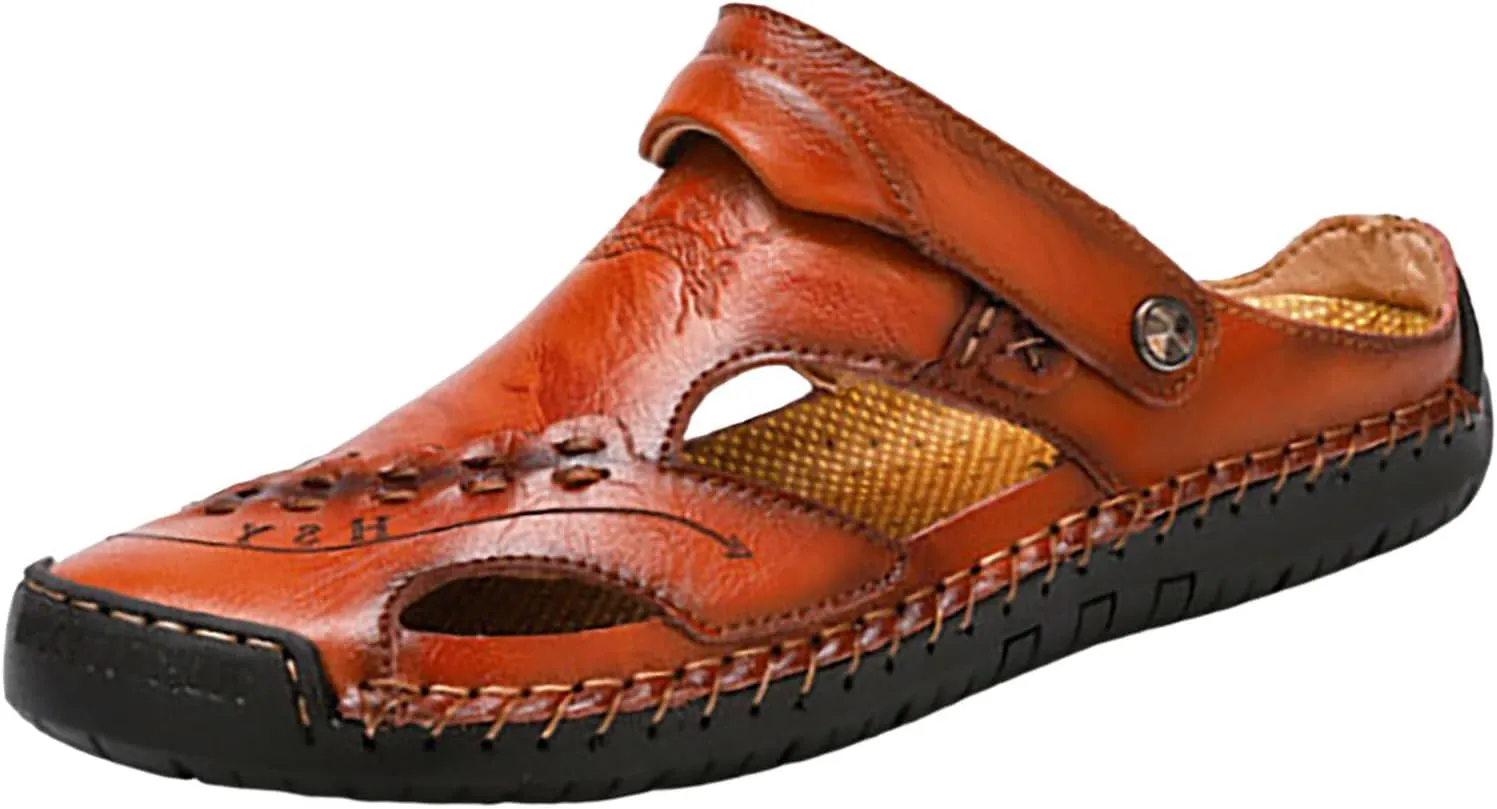 Men's Leather Sandals Adjustable Summer Fisherman Beach Shoes Comfortable Casual Closed Toe Walking Sandal