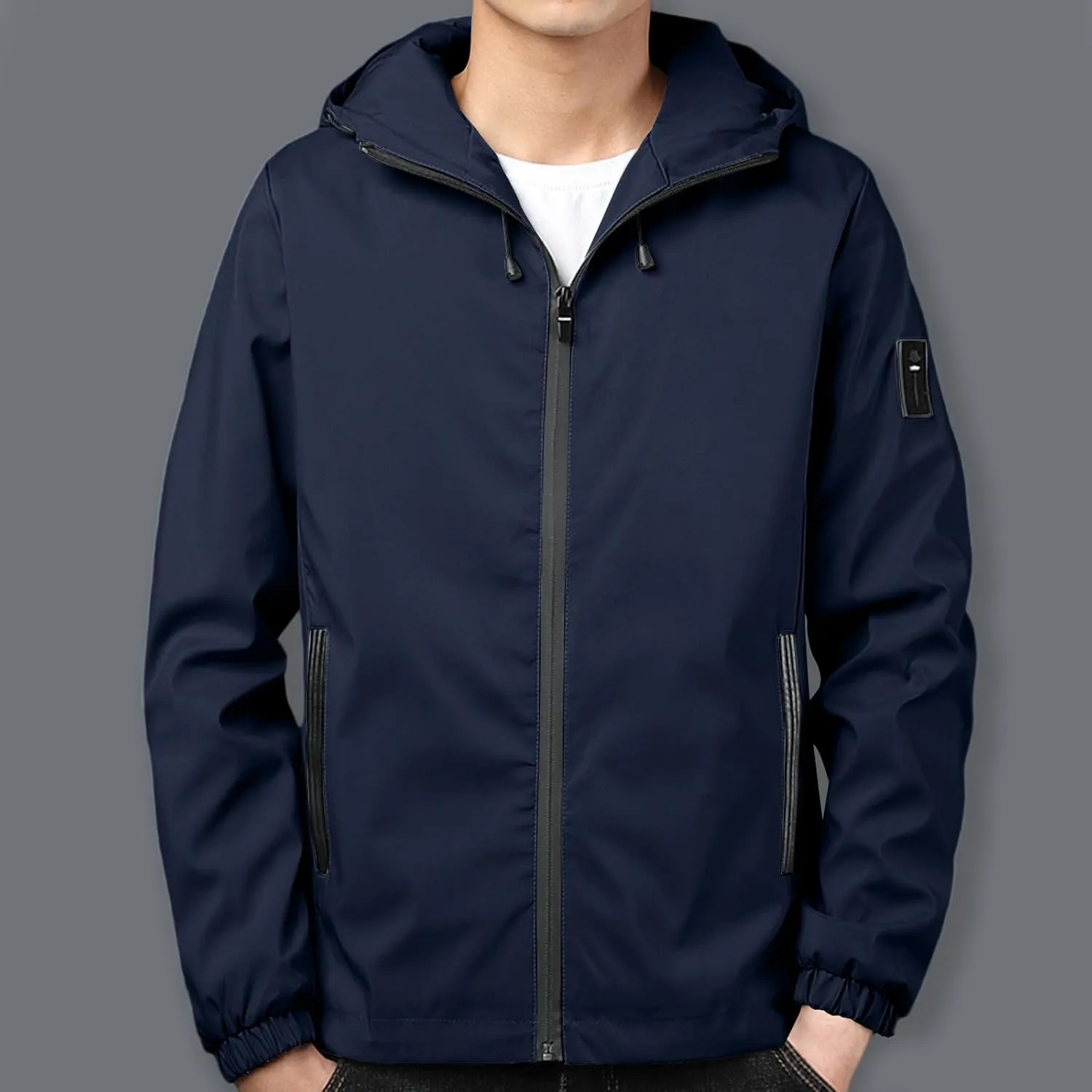 Mens Lightweight Rain Jackets Men's Casual Hood Long Sleeve Zipper Pocket Coat Mens Rain Jacket Solid Color Outwear