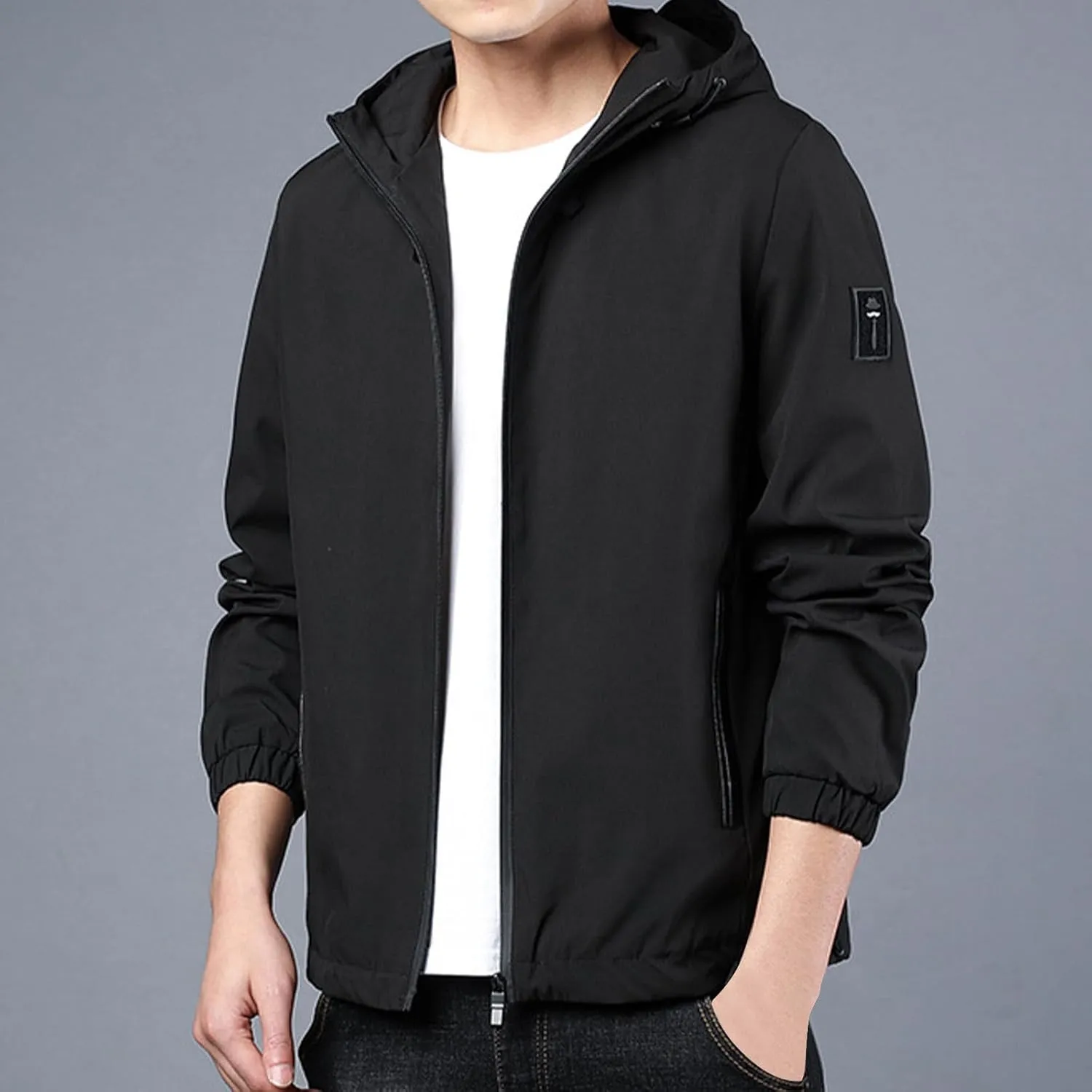 Mens Lightweight Rain Jackets Men's Casual Hood Long Sleeve Zipper Pocket Coat Mens Rain Jacket Solid Color Outwear