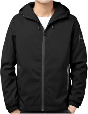 Mens Lightweight Rain Jackets Men's Casual Hood Long Sleeve Zipper Pocket Coat Mens Rain Jacket Solid Color Outwear