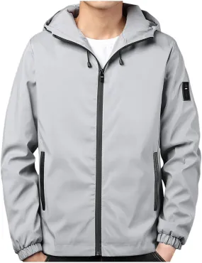 Mens Lightweight Rain Jackets Men's Casual Hood Long Sleeve Zipper Pocket Coat Mens Rain Jacket Solid Color Outwear