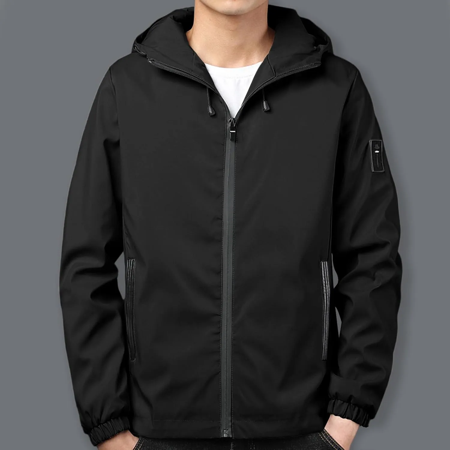 Mens Lightweight Rain Jackets Men's Casual Hood Long Sleeve Zipper Pocket Coat Mens Rain Jacket Solid Color Outwear