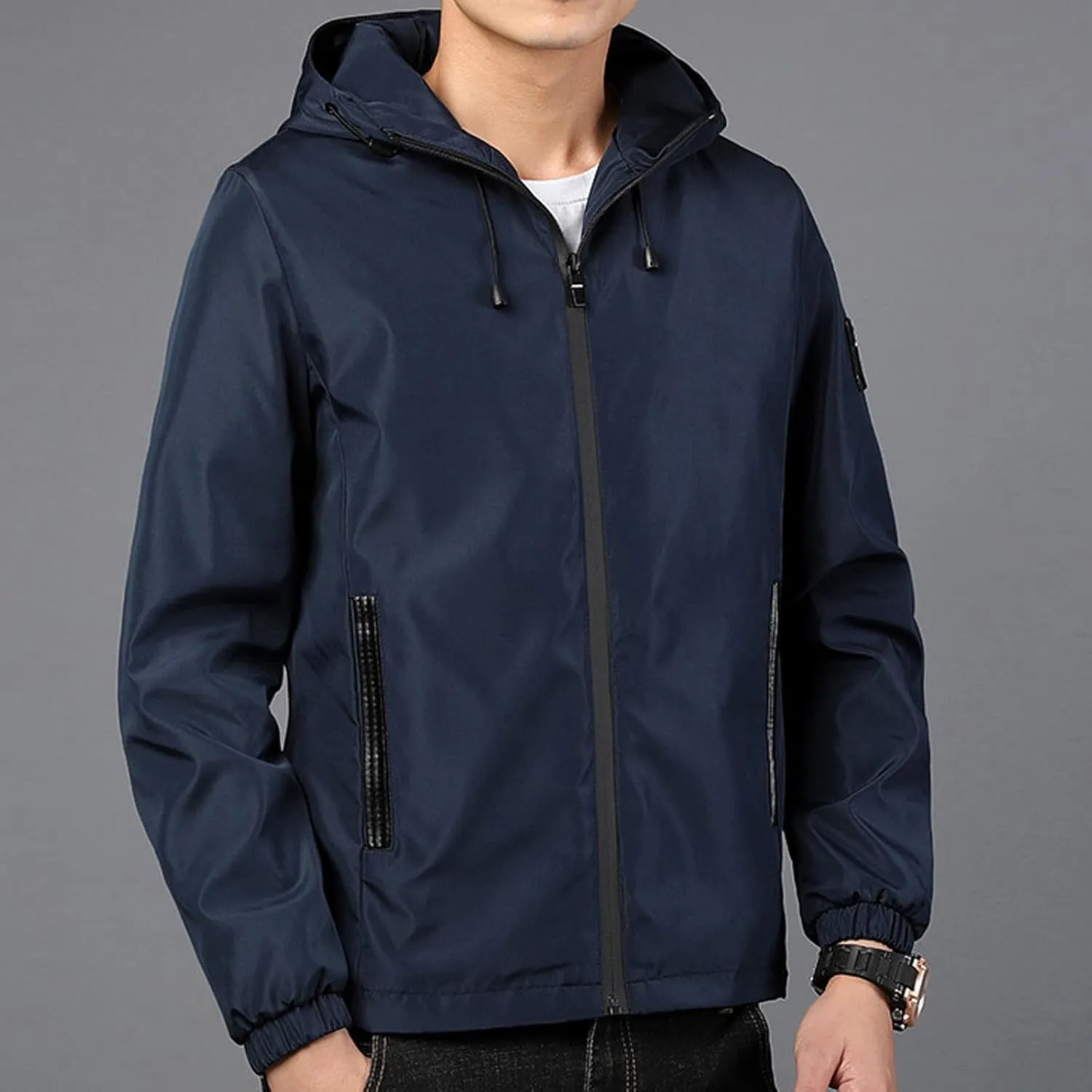 Mens Lightweight Rain Jackets Men's Casual Hood Long Sleeve Zipper Pocket Coat Mens Rain Jacket Solid Color Outwear