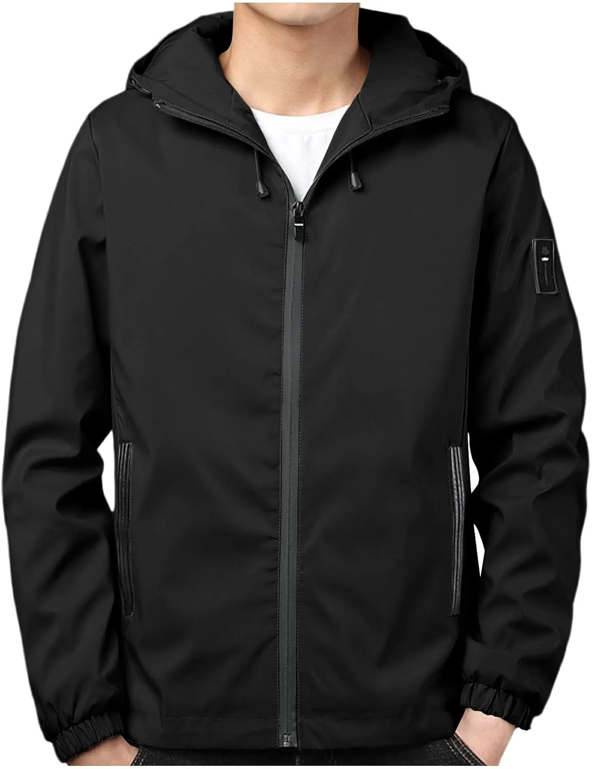 Mens Lightweight Rain Jackets Men's Casual Hood Long Sleeve Zipper Pocket Coat Mens Rain Jacket Solid Color Outwear