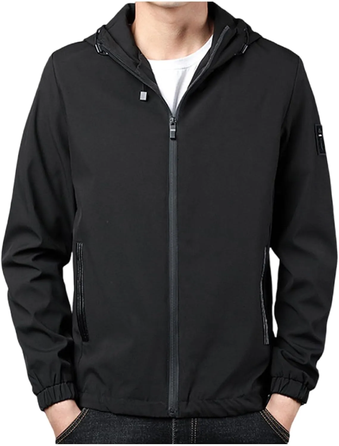 Mens Lightweight Rain Jackets Men's Casual Hood Long Sleeve Zipper Pocket Coat Mens Rain Jacket Solid Color Outwear