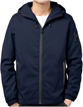 Mens Lightweight Rain Jackets Men's Casual Hood Long Sleeve Zipper Pocket Coat Mens Rain Jacket Solid Color Outwear