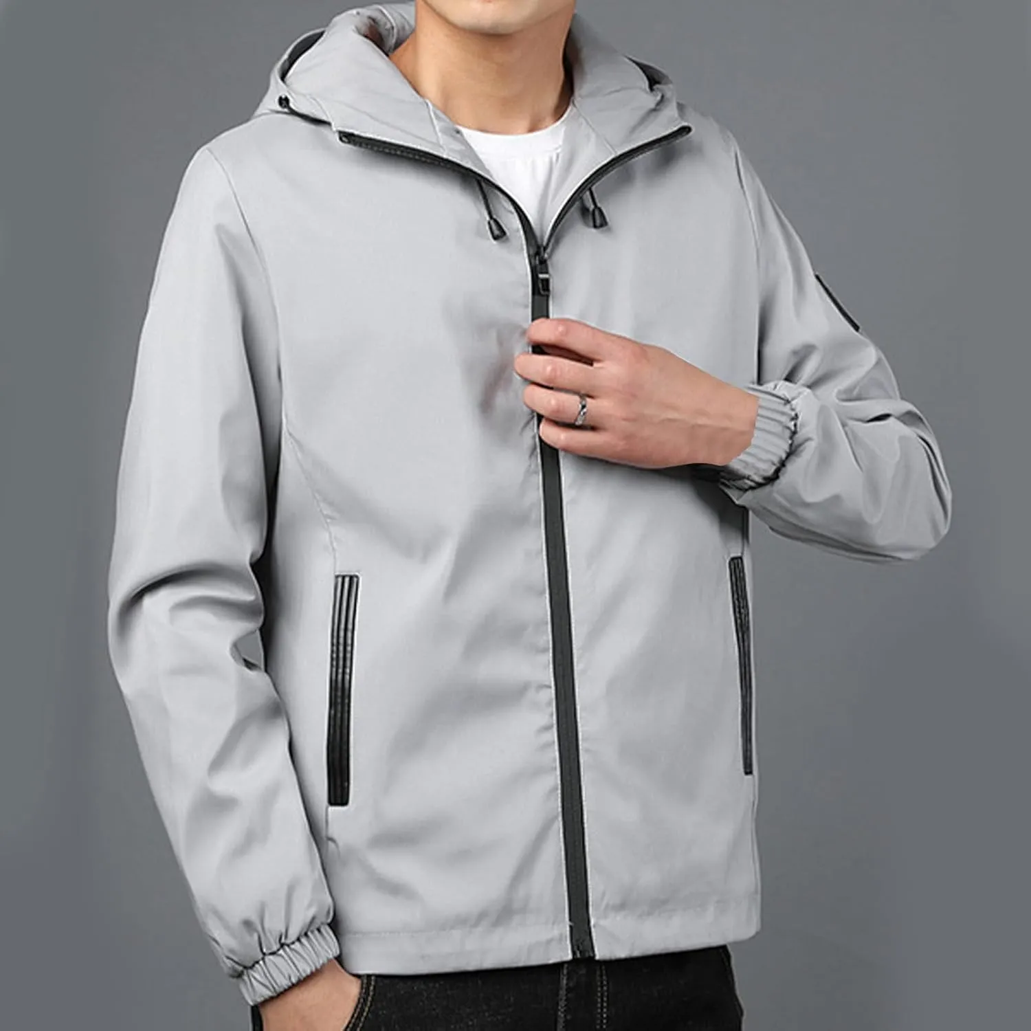 Mens Lightweight Rain Jackets Men's Casual Hood Long Sleeve Zipper Pocket Coat Mens Rain Jacket Solid Color Outwear