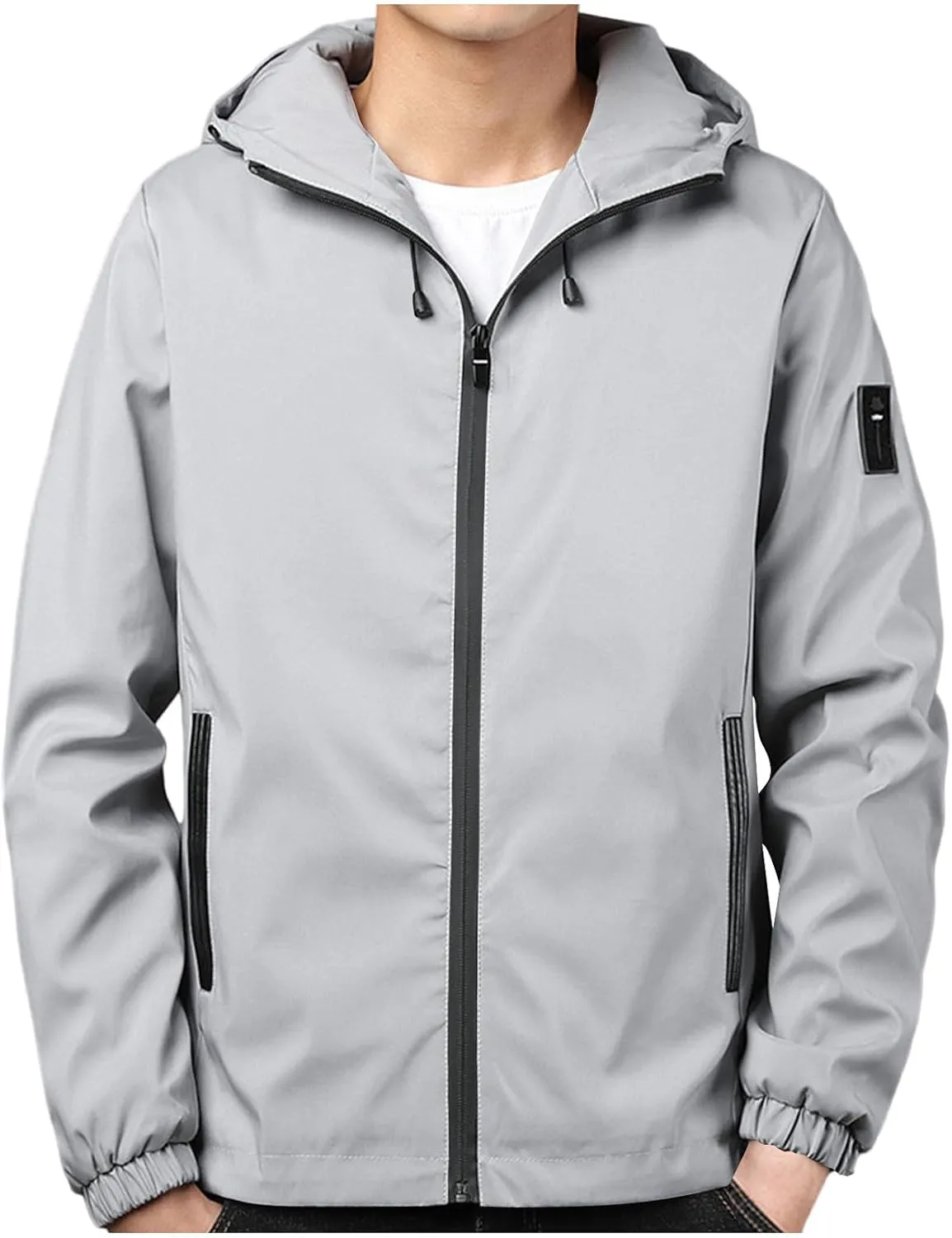 Mens Lightweight Rain Jackets Men's Casual Hood Long Sleeve Zipper Pocket Coat Mens Rain Jacket Solid Color Outwear