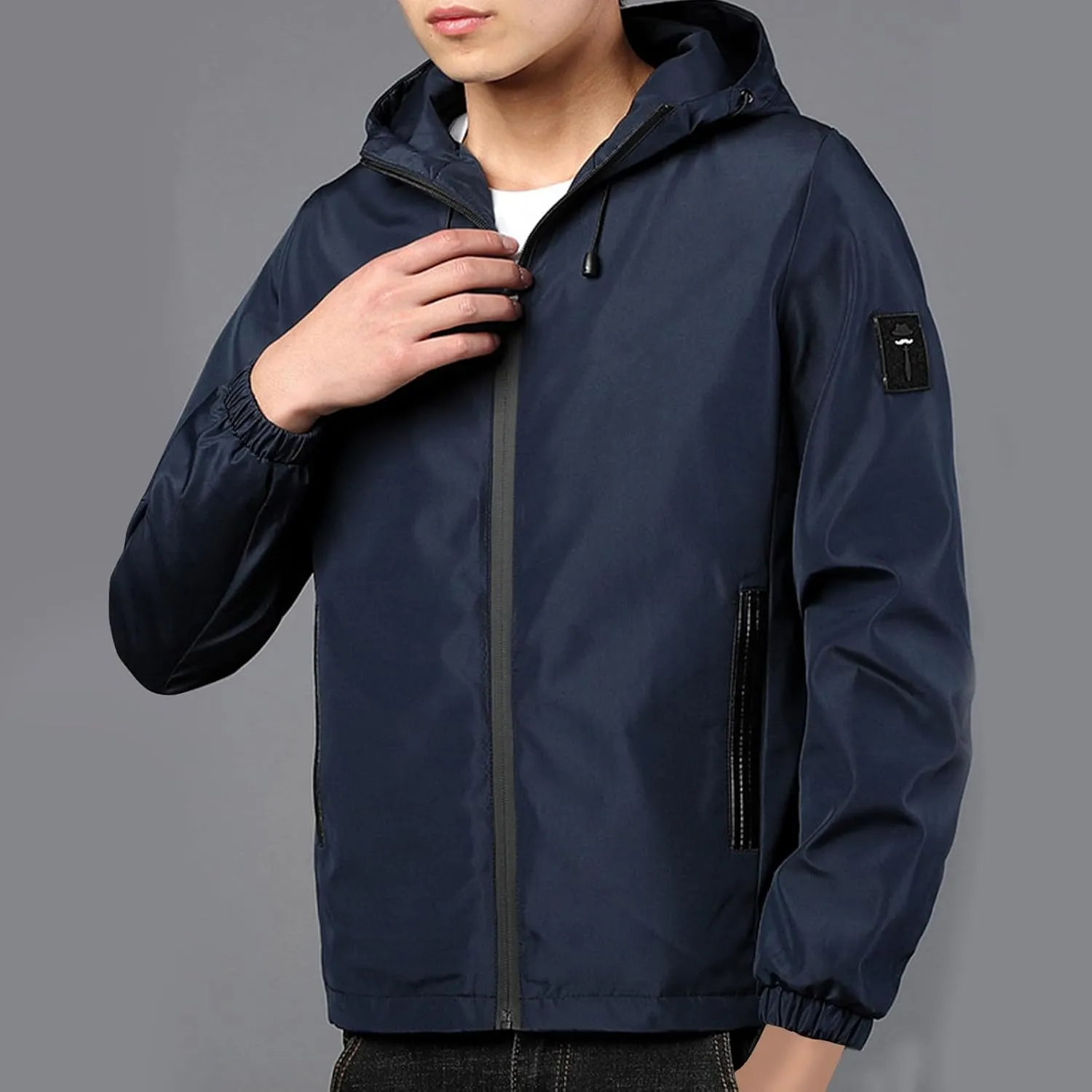 Mens Lightweight Rain Jackets Men's Casual Hood Long Sleeve Zipper Pocket Coat Mens Rain Jacket Solid Color Outwear