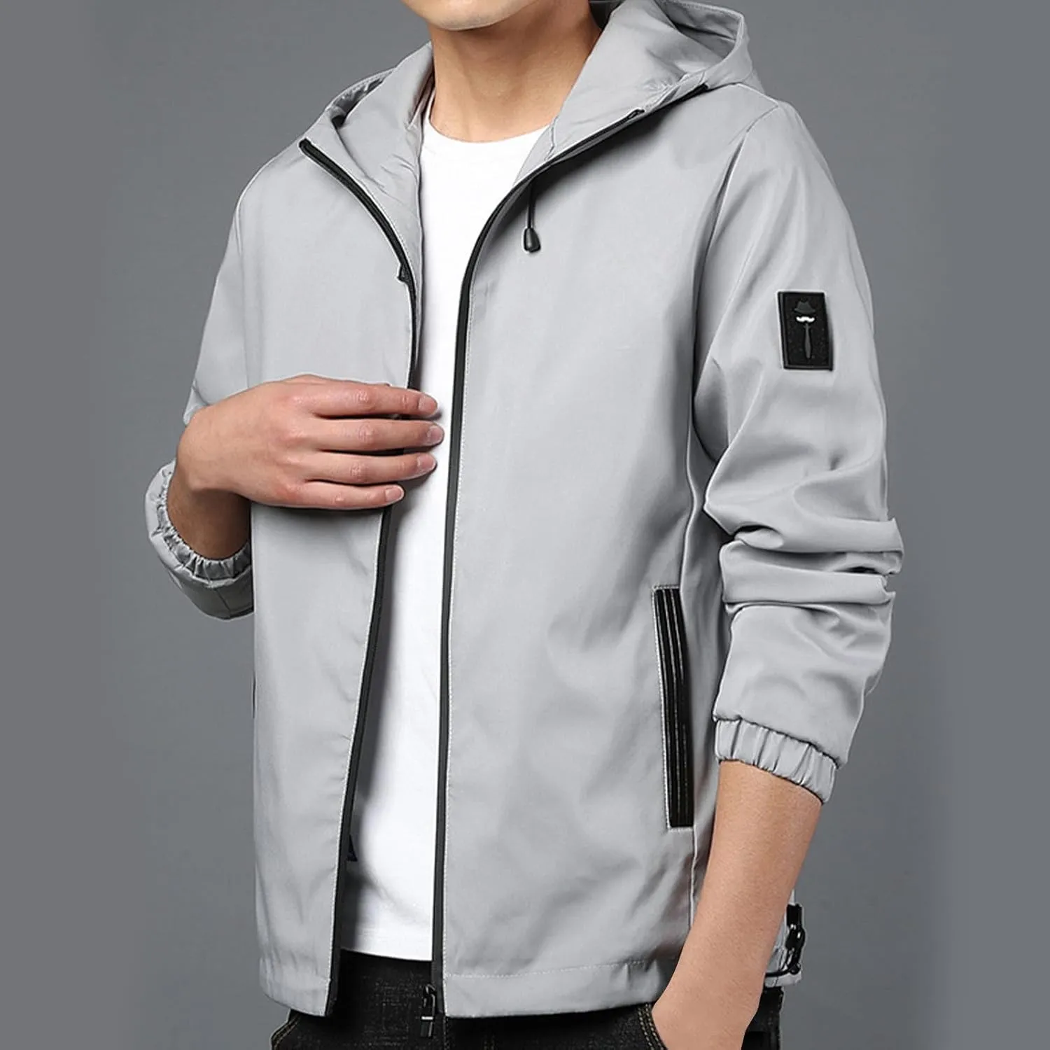 Mens Lightweight Rain Jackets Men's Casual Hood Long Sleeve Zipper Pocket Coat Mens Rain Jacket Solid Color Outwear