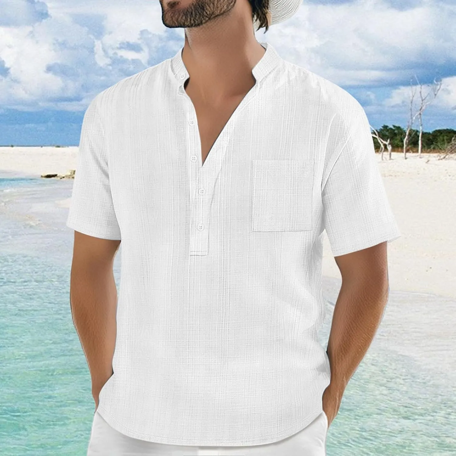 Mens Linen Shirts Short Sleeve Casual Cotton T-Shirts Summer Button Henley Shirt Lightweight Loose Beach Tee Tops