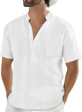 Mens Linen Shirts Short Sleeve Casual Cotton T-Shirts Summer Button Henley Shirt Lightweight Loose Beach Tee Tops