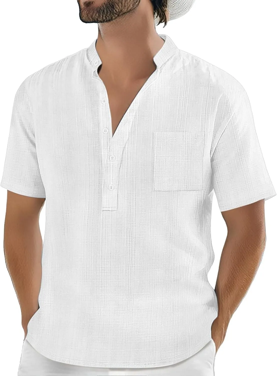 Mens Linen Shirts Short Sleeve Casual Cotton T-Shirts Summer Button Henley Shirt Lightweight Loose Beach Tee Tops