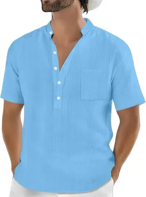 Mens Linen Shirts Summer Casual Short Sleeve Regular-Fit Henley Shirt Lightweight Solid Color Beach Hippie T-Shirts