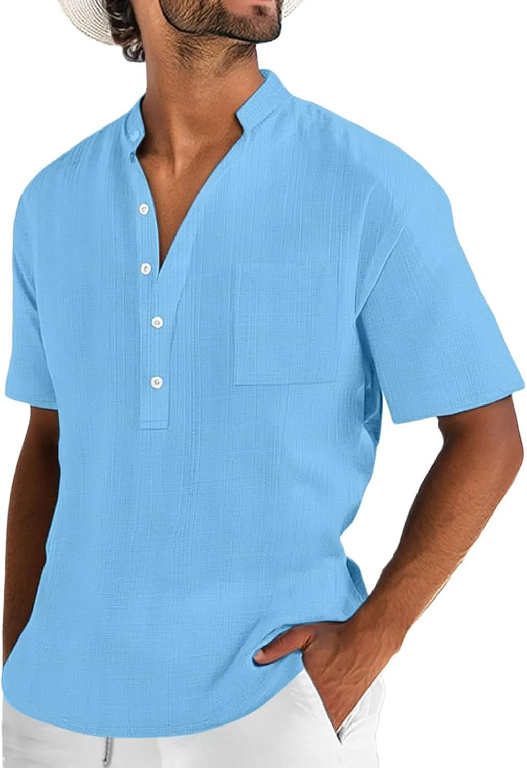 Mens Linen Shirts Summer Casual Short Sleeve Regular-Fit Henley Shirt Lightweight Solid Color Beach Hippie T-Shirts