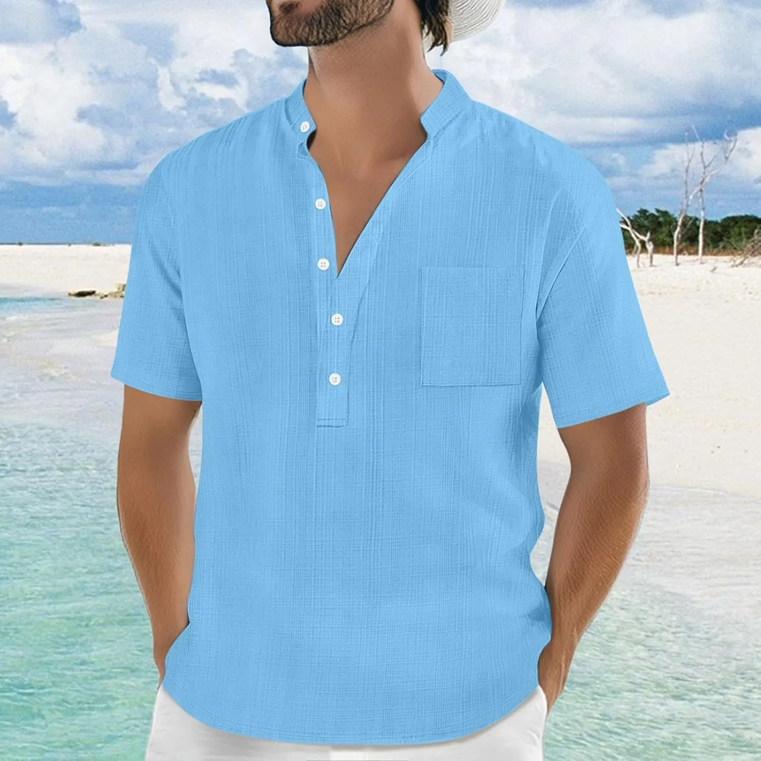 Mens Linen Shirts Summer Casual Short Sleeve Regular-Fit Henley Shirt Lightweight Solid Color Beach Hippie T-Shirts