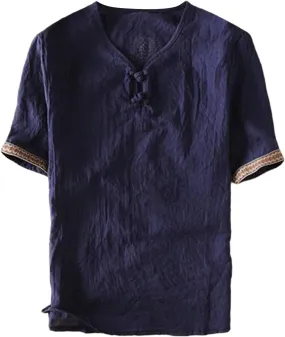 Men's Linen T-Shirts Vintage Boho Embroidery 3/4 Sleeve Cotton Tees Regular-Fit Henley Shirts Lightweight Beach Tops