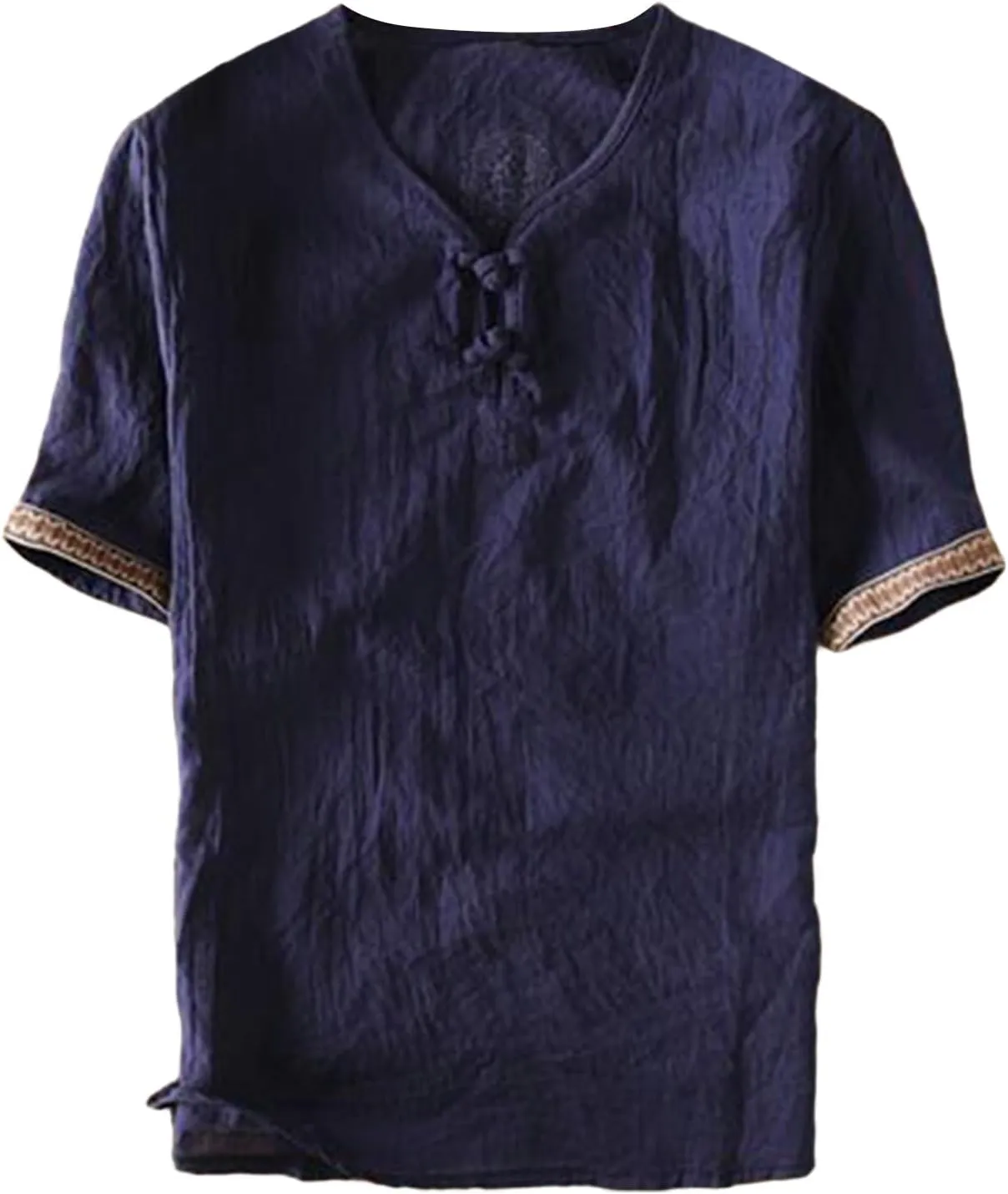 Men's Linen T-Shirts Vintage Boho Embroidery 3/4 Sleeve Cotton Tees Regular-Fit Henley Shirts Lightweight Beach Tops