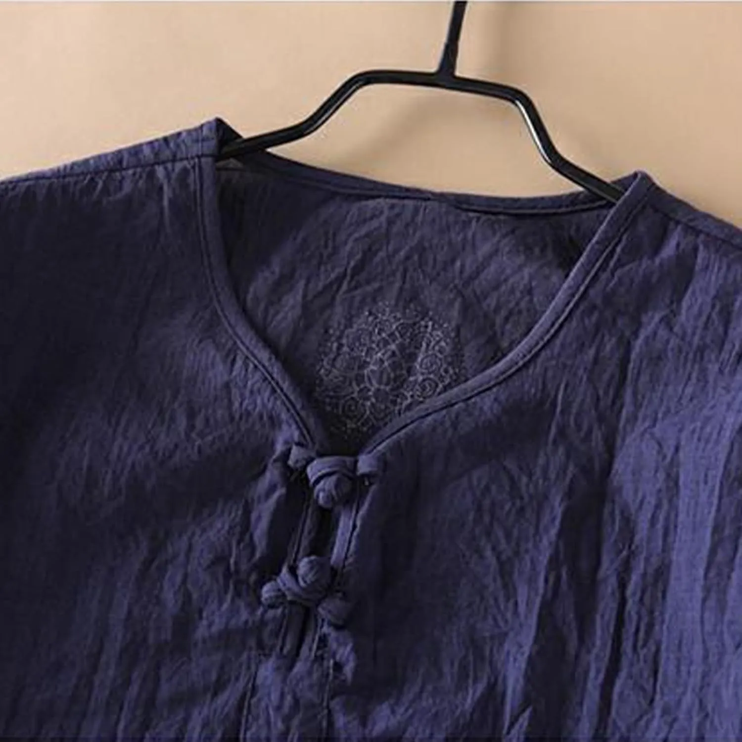 Men's Linen T-Shirts Vintage Boho Embroidery 3/4 Sleeve Cotton Tees Regular-Fit Henley Shirts Lightweight Beach Tops