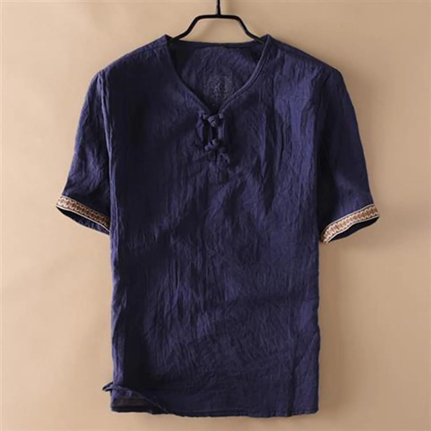 Men's Linen T-Shirts Vintage Boho Embroidery 3/4 Sleeve Cotton Tees Regular-Fit Henley Shirts Lightweight Beach Tops