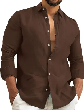 Mens Long Sleeve Peasant Linen Shirts Button Down Summer Business Office Dress Shirts Casual Beach Hawaiian Shirts