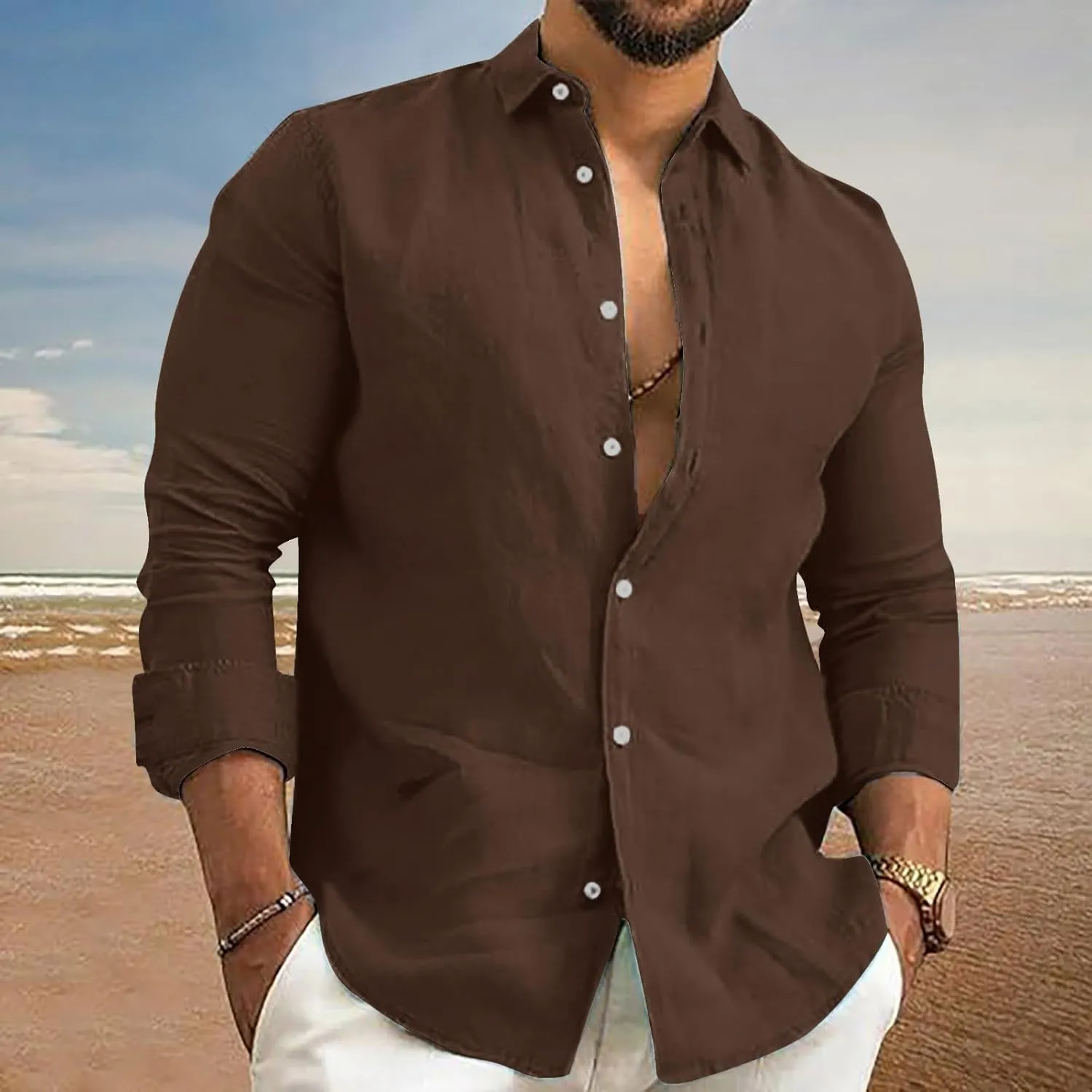 Mens Long Sleeve Peasant Linen Shirts Button Down Summer Business Office Dress Shirts Casual Beach Hawaiian Shirts
