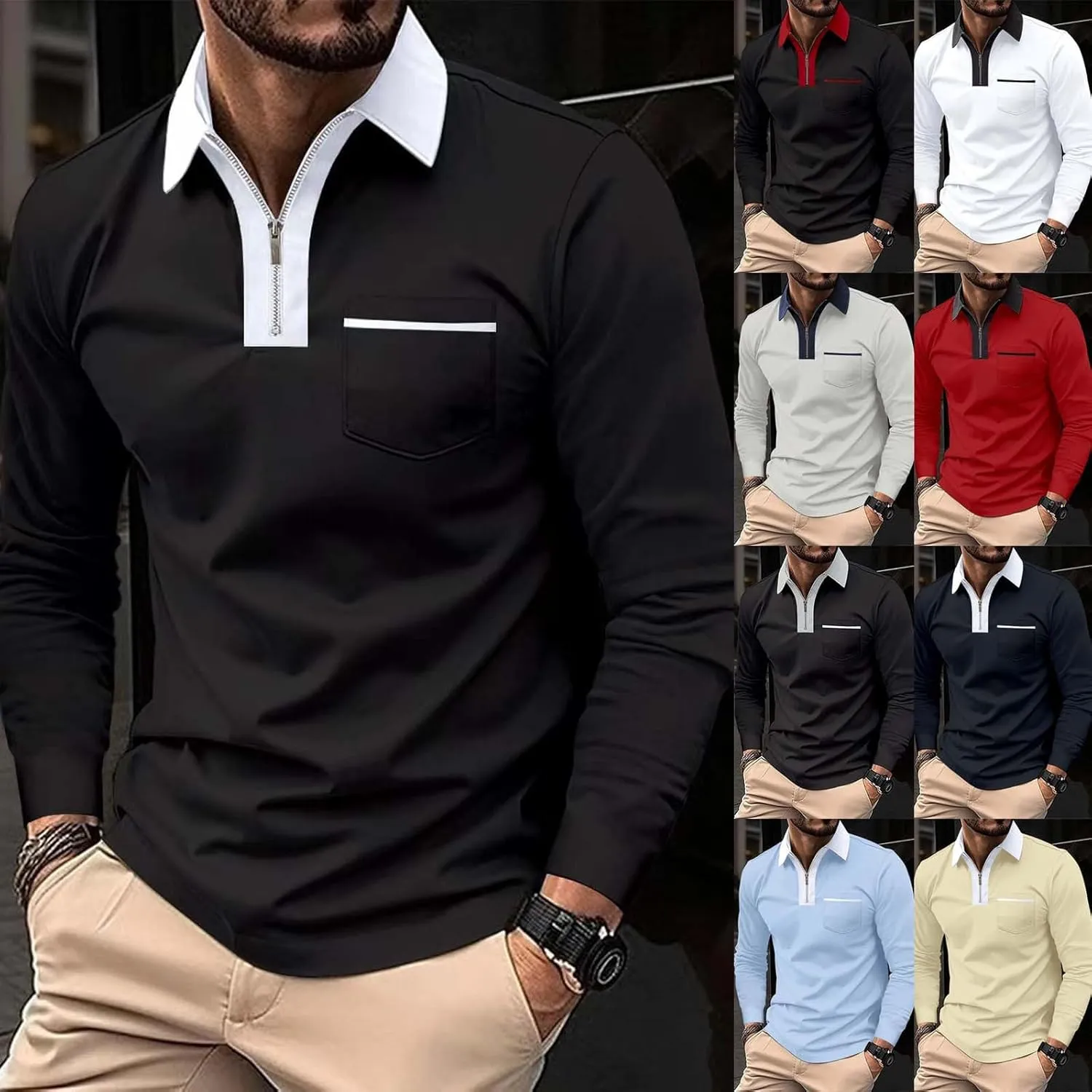 Mens Long Sleeve Zipper Polo Shirts Casual Lapel Collar Zip Up Henley Shirts Cotton Sports Golf Tennis T-Shirts with Pockets