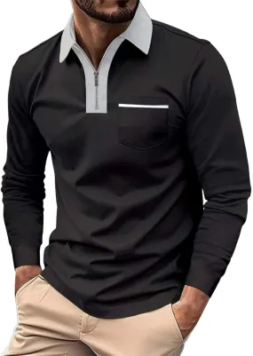 Mens Long Sleeve Zipper Polo Shirts Casual Lapel Collar Zip Up Henley Shirts Cotton Sports Golf Tennis T-Shirts with Pockets
