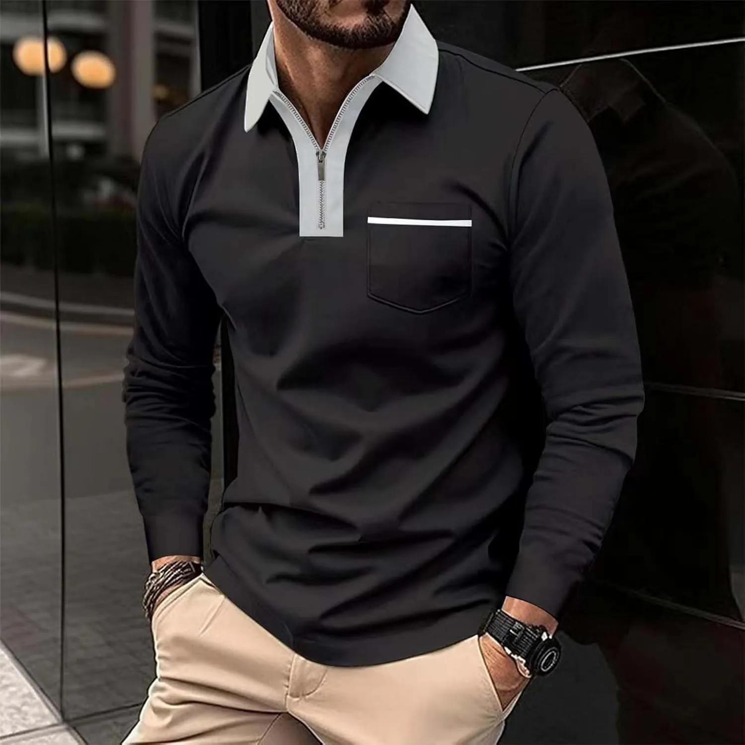 Mens Long Sleeve Zipper Polo Shirts Casual Lapel Collar Zip Up Henley Shirts Cotton Sports Golf Tennis T-Shirts with Pockets