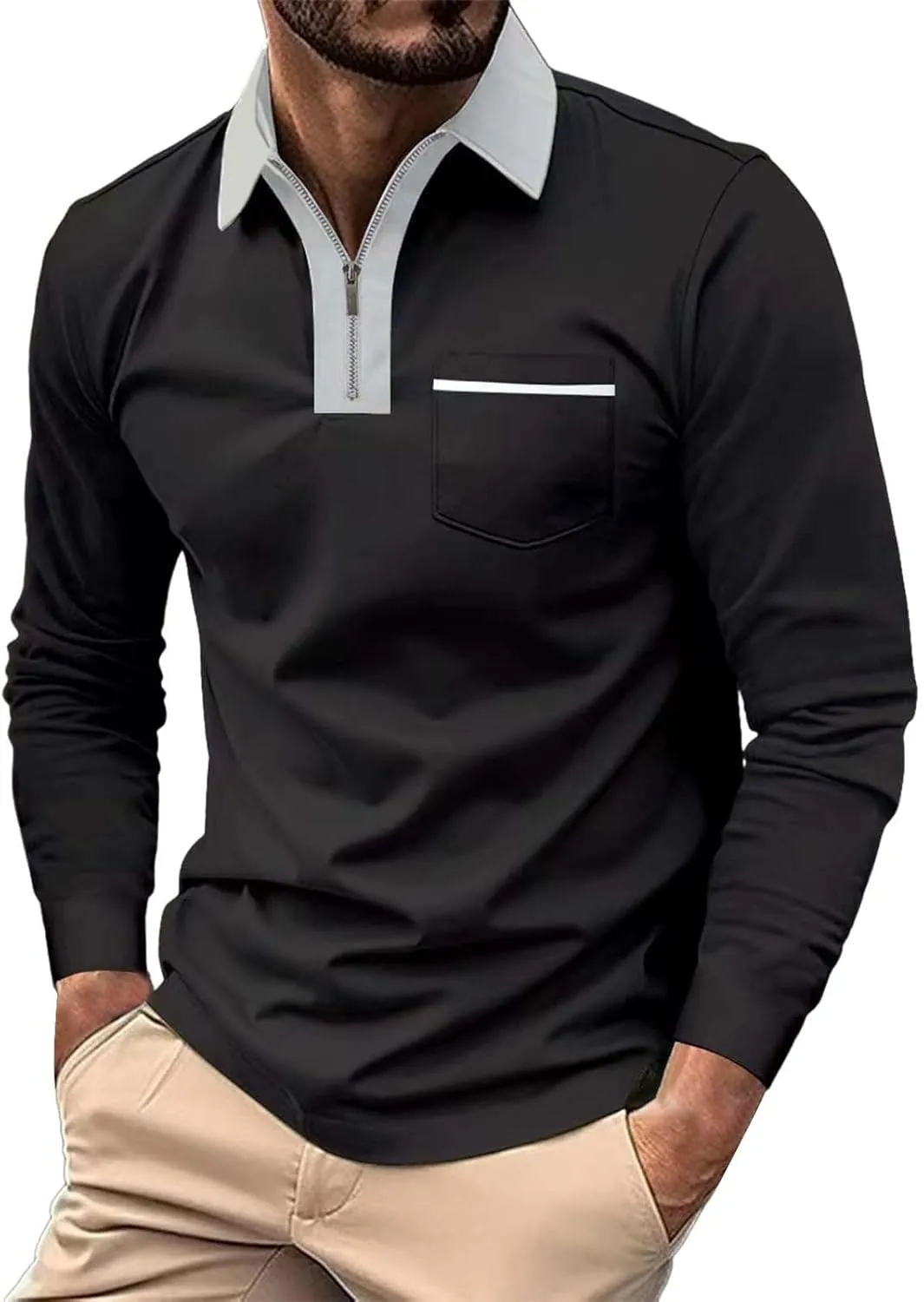 Mens Long Sleeve Zipper Polo Shirts Casual Lapel Collar Zip Up Henley Shirts Cotton Sports Golf Tennis T-Shirts with Pockets