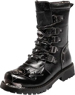 Men's Motorcycle Leather High Calf Boots Strap Metal Riding Punk Rock Water Proof Round Toe Laced Up Casual Boots with British Stylish For Cool Men