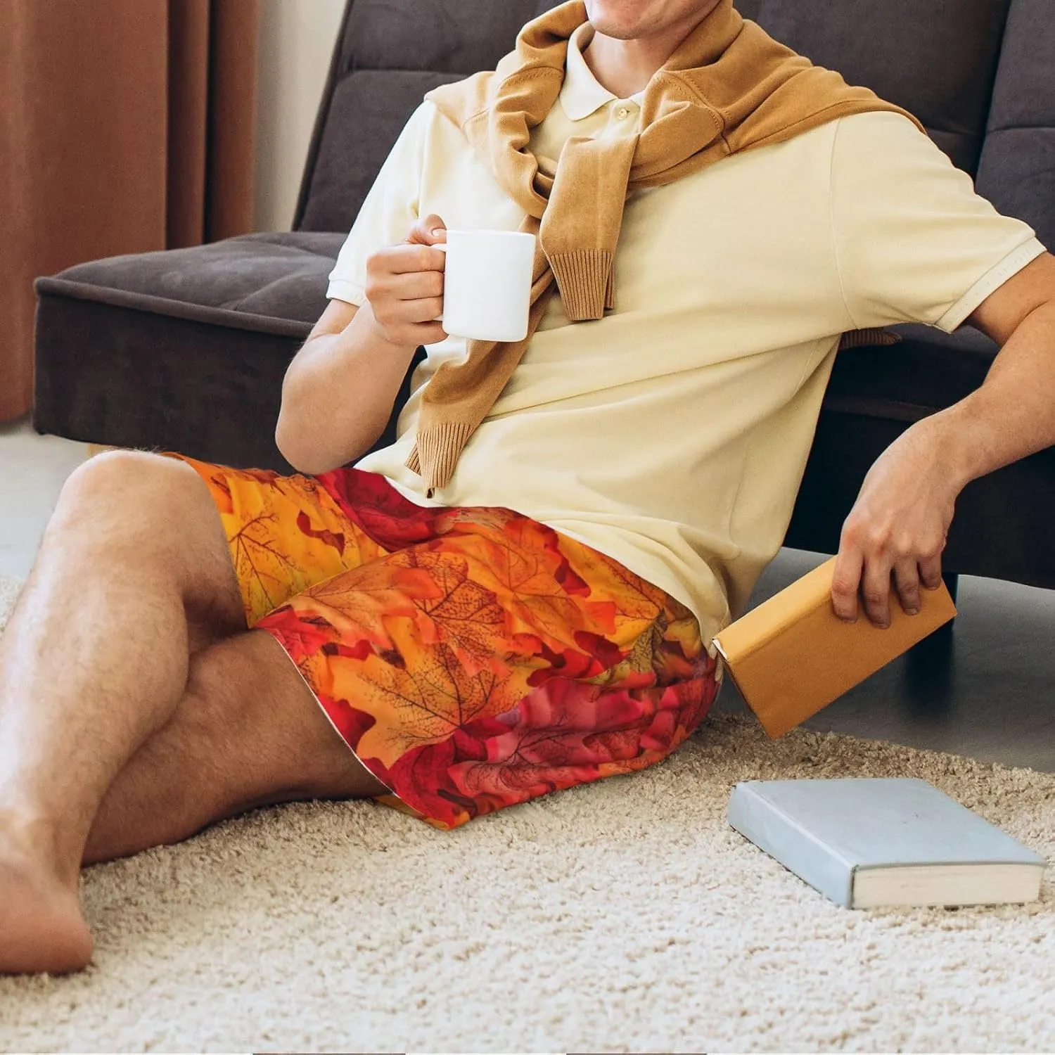 mens pajama pants - Autumn Leaf Comfy Sleep Shorts Mens Pajama shorts, mens lounge shorts pj pants