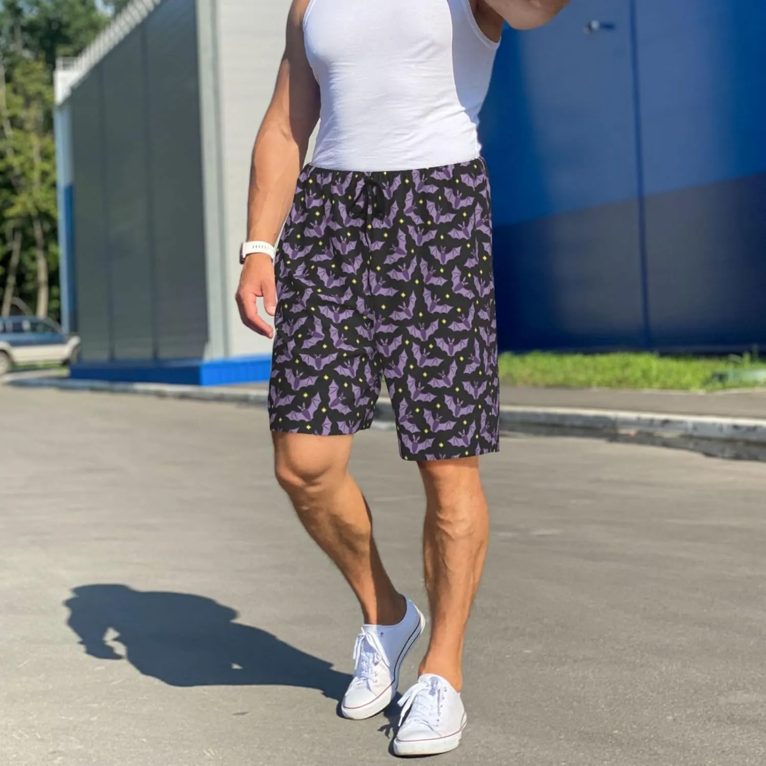 Mens Pajama Pants - Bat Purple Comfy Sleep Shorts Mens Pajama Shorts, Mens Lounge Shorts Pj Pants