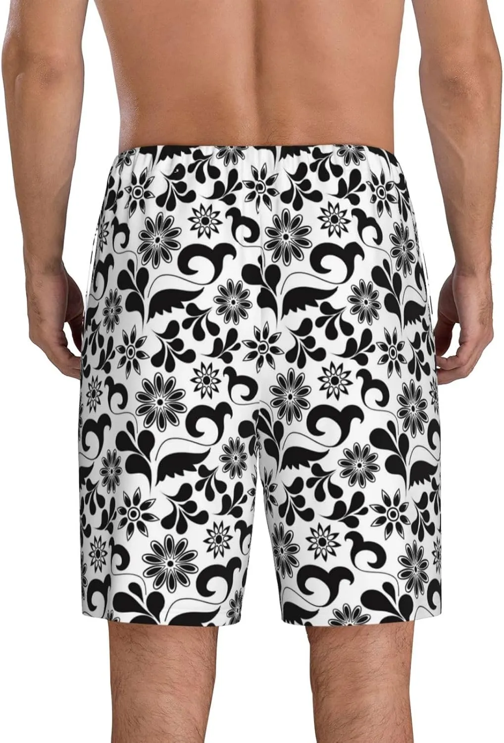 Mens Pajama Pants - Black White Flowers Comfy Sleep Shorts Mens Pajama Shorts, Mens Lounge Shorts Pj Pants