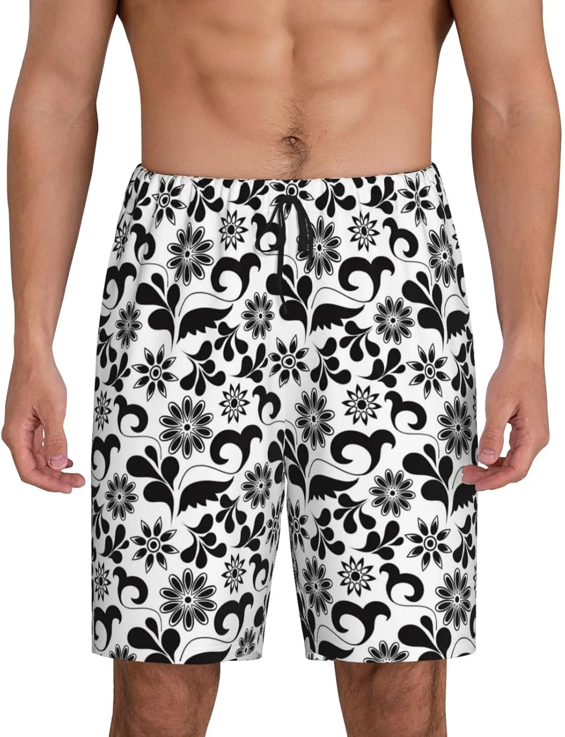Mens Pajama Pants - Black White Flowers Comfy Sleep Shorts Mens Pajama Shorts, Mens Lounge Shorts Pj Pants