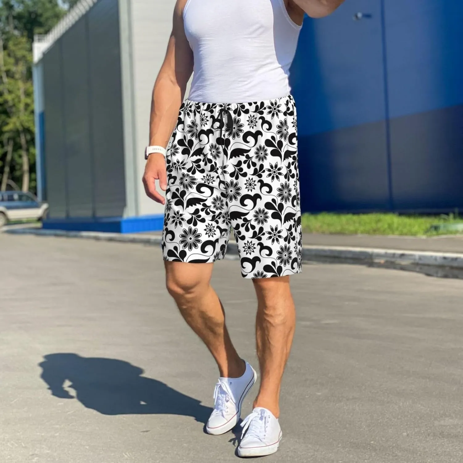 Mens Pajama Pants - Black White Flowers Comfy Sleep Shorts Mens Pajama Shorts, Mens Lounge Shorts Pj Pants