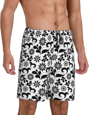 Mens Pajama Pants - Black White Flowers Comfy Sleep Shorts Mens Pajama Shorts, Mens Lounge Shorts Pj Pants