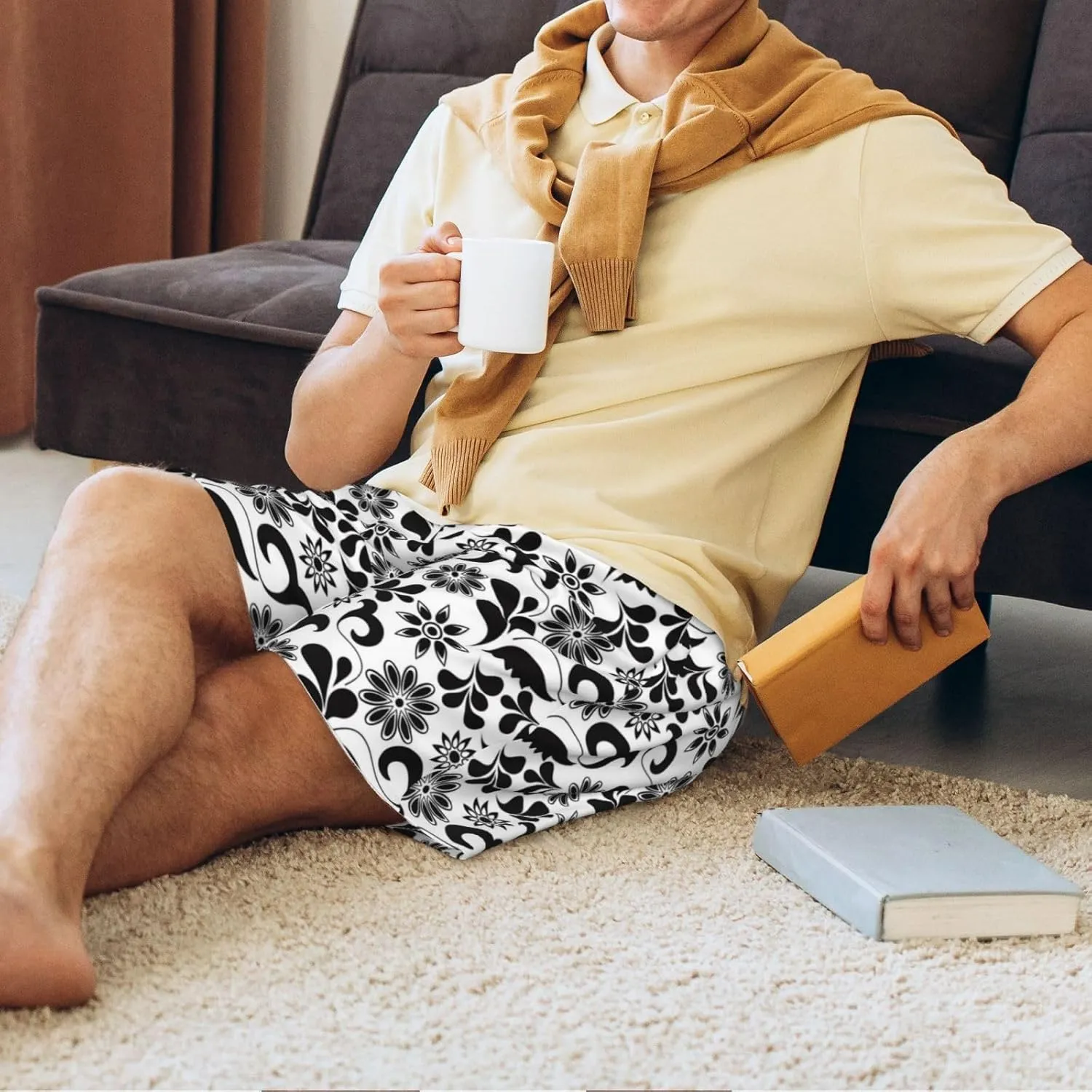 Mens Pajama Pants - Black White Flowers Comfy Sleep Shorts Mens Pajama Shorts, Mens Lounge Shorts Pj Pants