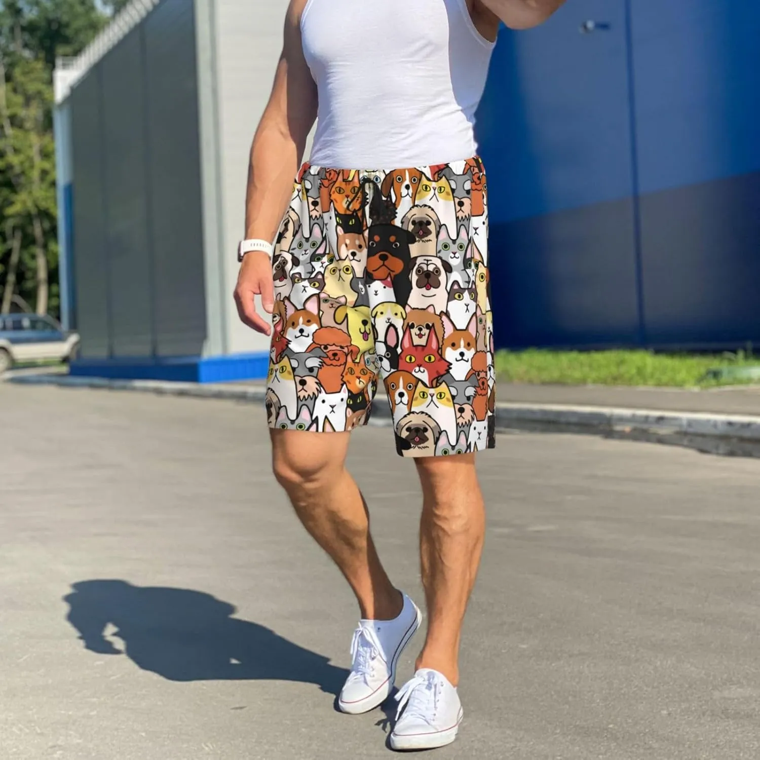 Mens Pajama Pants - Cats & Dogs Group Comfy Sleep Shorts Mens Pajama Shorts, Mens Lounge Shorts Pj Pants