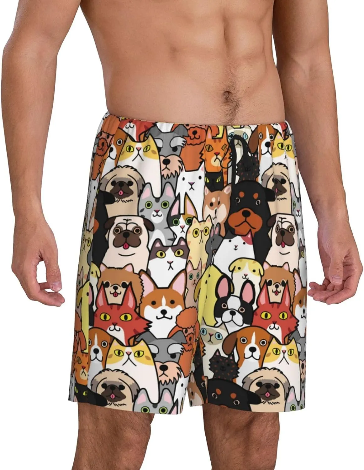 Mens Pajama Pants - Cats & Dogs Group Comfy Sleep Shorts Mens Pajama Shorts, Mens Lounge Shorts Pj Pants