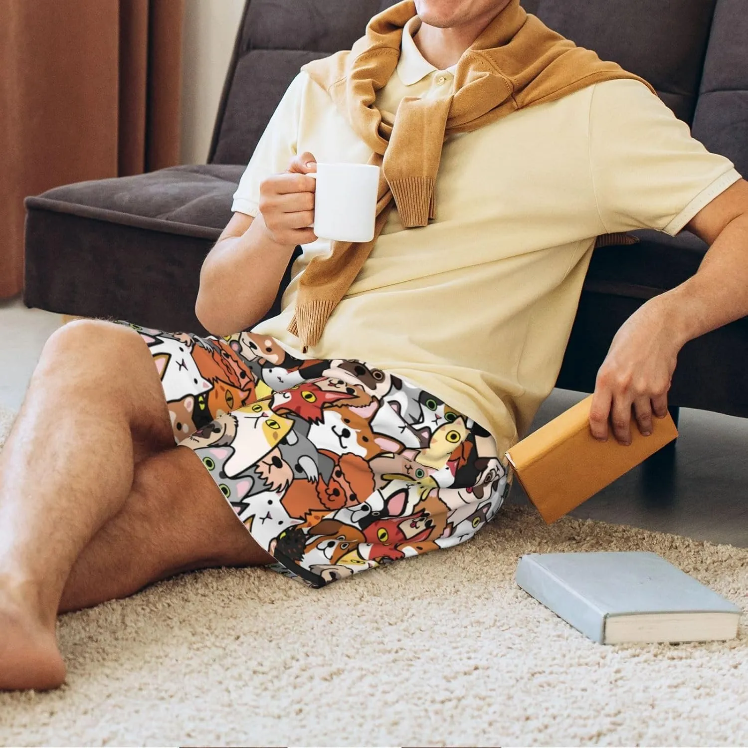 Mens Pajama Pants - Cats & Dogs Group Comfy Sleep Shorts Mens Pajama Shorts, Mens Lounge Shorts Pj Pants