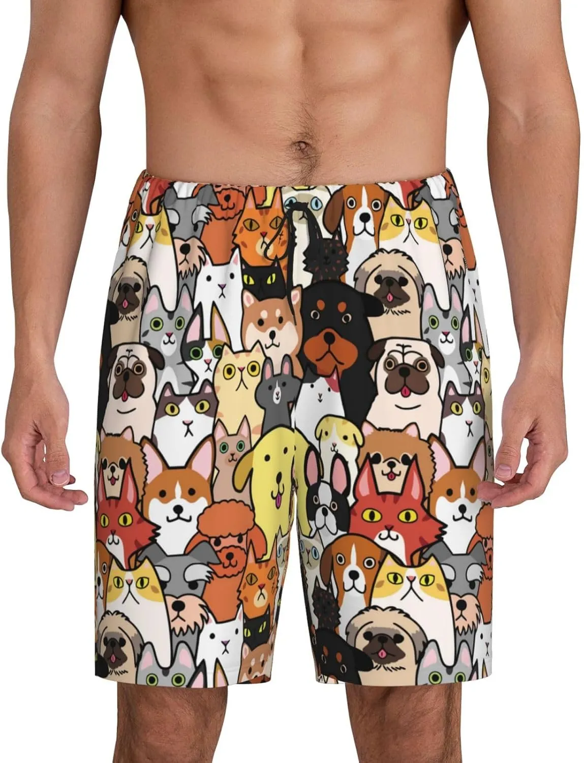 Mens Pajama Pants - Cats & Dogs Group Comfy Sleep Shorts Mens Pajama Shorts, Mens Lounge Shorts Pj Pants
