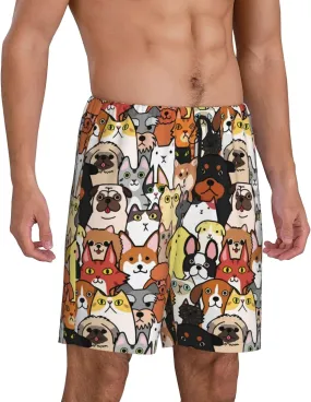 Mens Pajama Pants - Cats & Dogs Group Comfy Sleep Shorts Mens Pajama Shorts, Mens Lounge Shorts Pj Pants