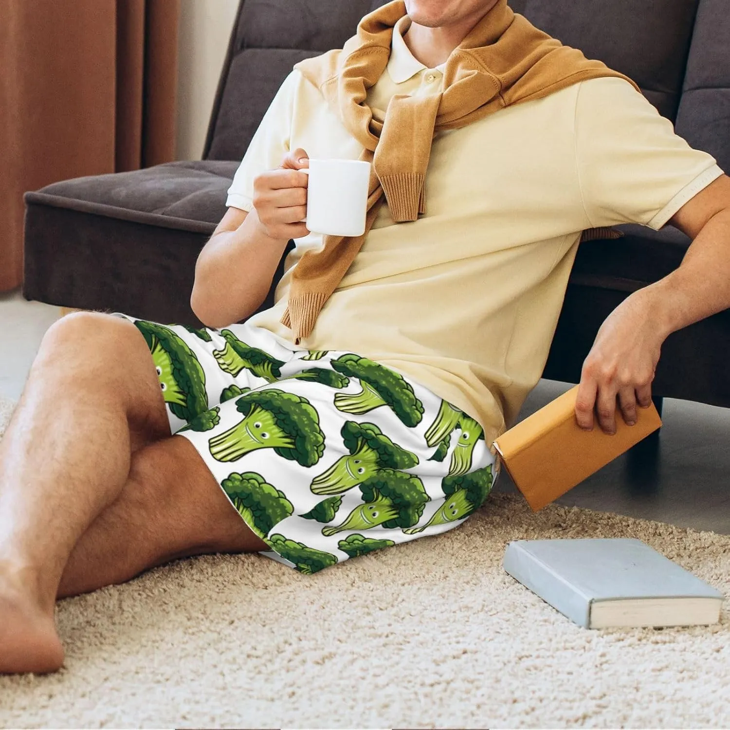 Mens Pajama Pants - cute broccoli Sleep Shorts Mens Pajama Shorts, Comfy Pj Pants for Mens Lounge Shorts