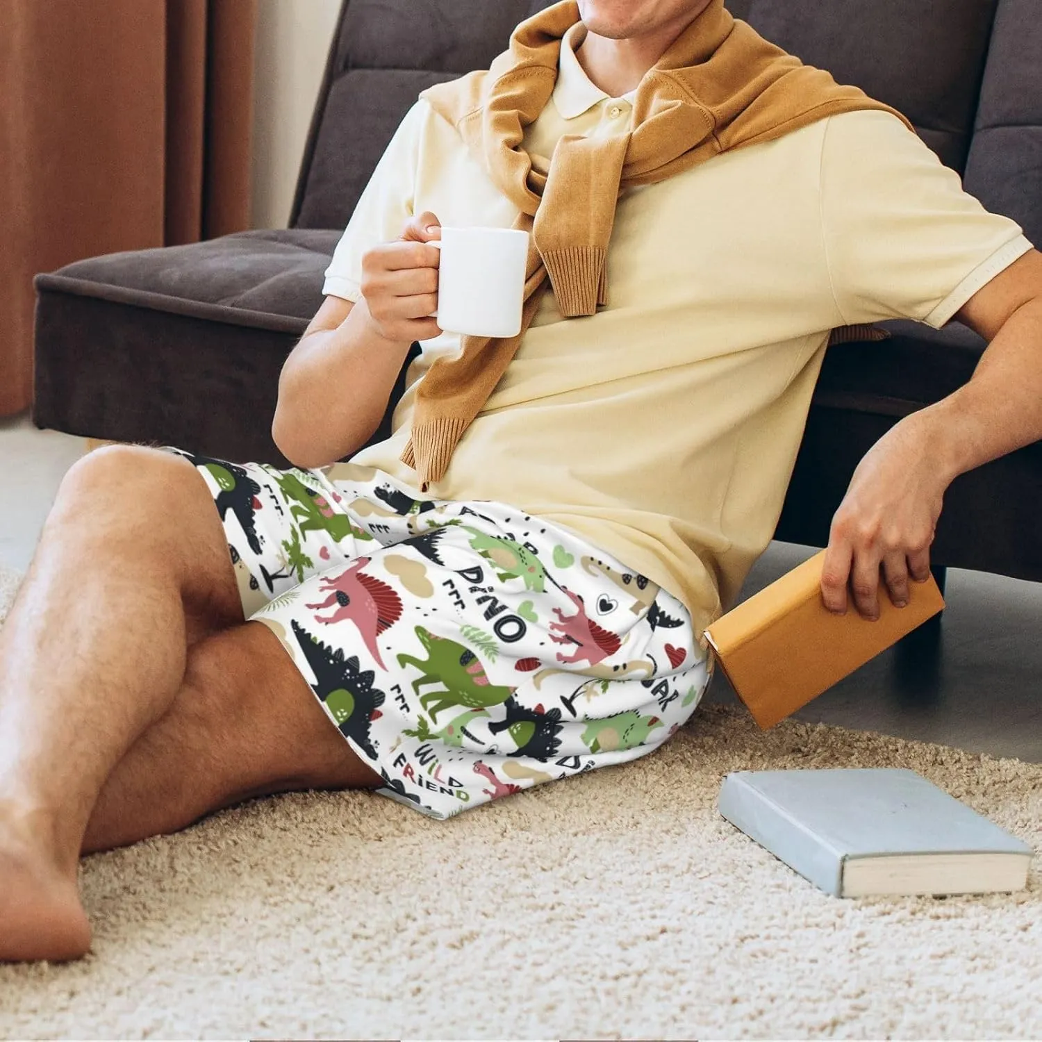 Mens Pajama Pants - Dinosaur Print B Comfy Sleep Shorts Mens Pajama Shorts, Mens Lounge Shorts Pj Pants